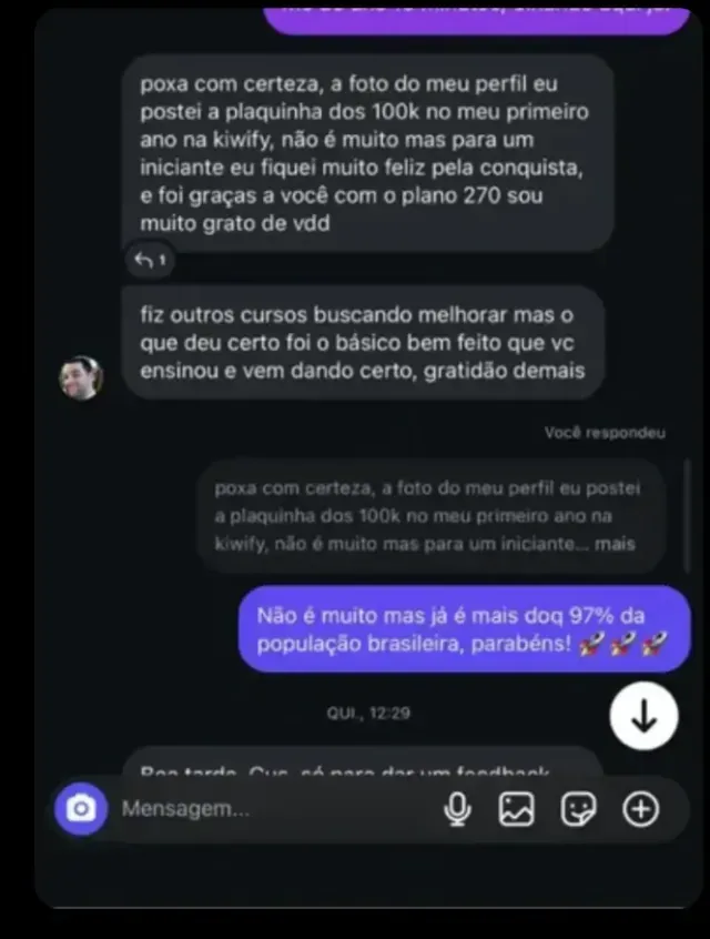 Aluno: plaquinha dos 100k no primeiro ano na Kiwify, graças ao Plano 270