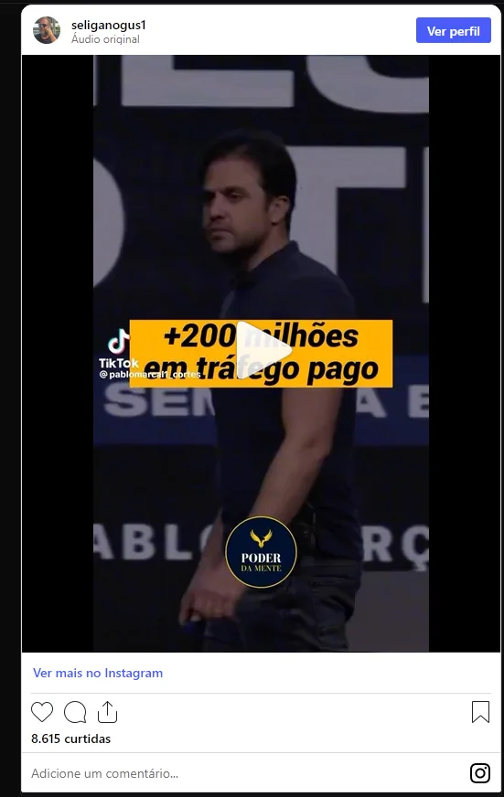 Post do Instagram @seliganogus1: corte da palestra, +200 milhões em tráfego pago